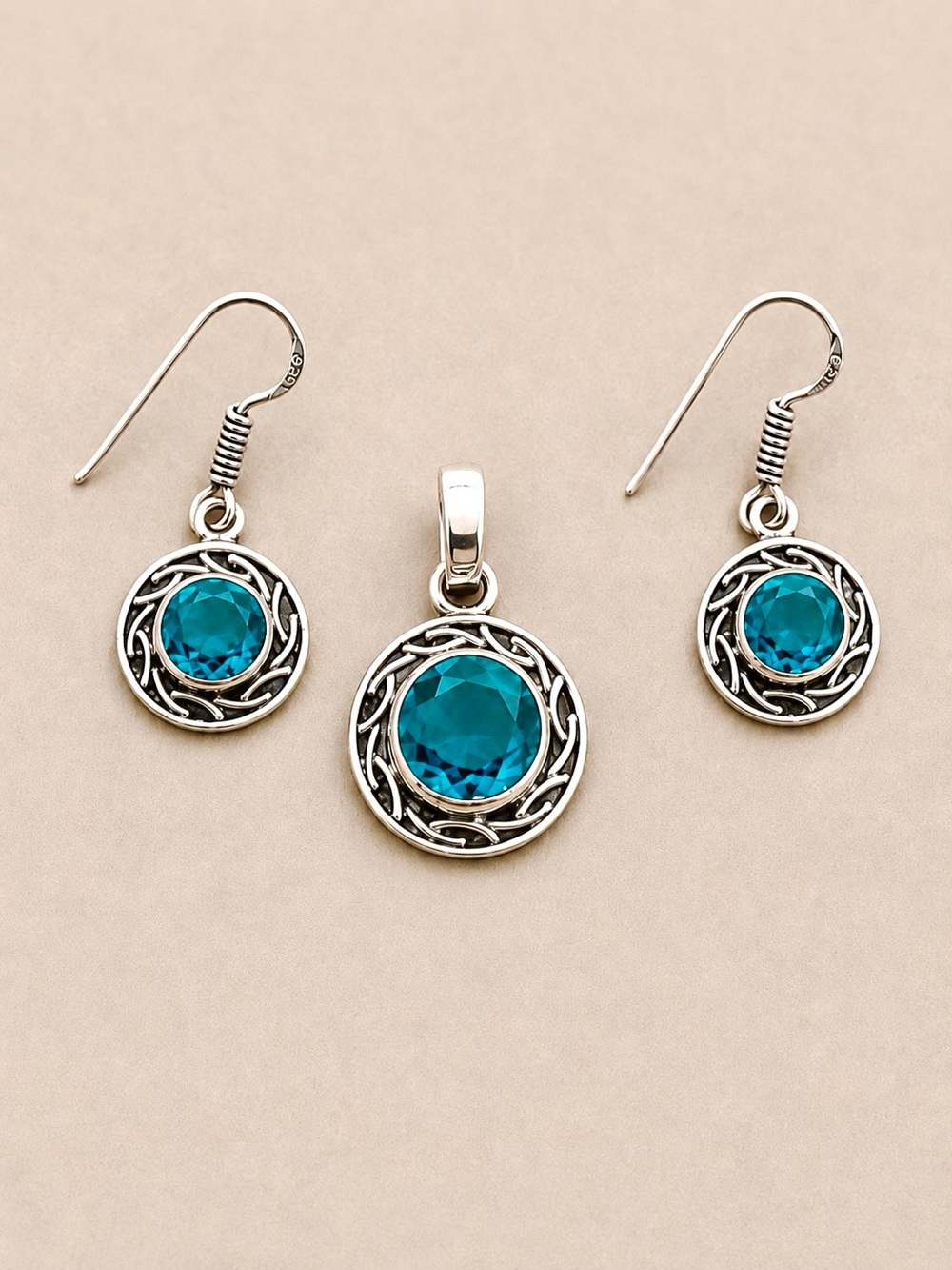 Blue Topaz Gemstone 925 Silver Pendant+Earring Set